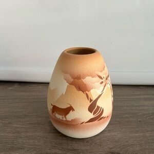 Artisan Tan Ceramic Vase with Scenic Design